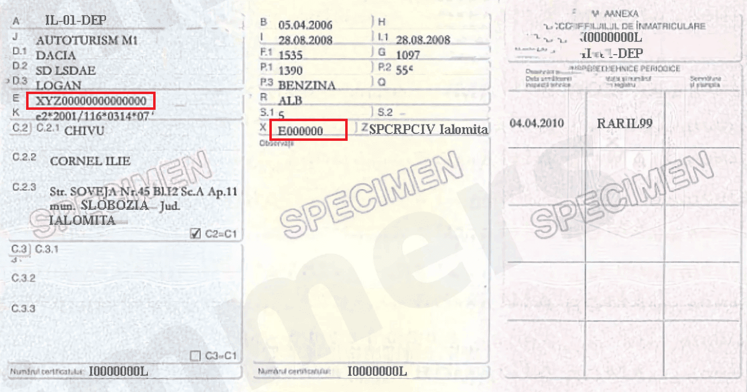 Certificat de înmatriculare - poziția E (serie șasiu) și poziția X (serie CIV)